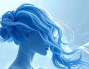 青と白を基調とした抽象的な女性の横顔シルエット。流れる髪が光に透け、抜け毛や薄毛の不安を象徴しつつも清潔感と安心感を表現。