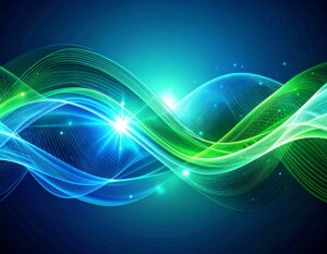 青と緑の抽象的な波のデザイン。マンジャロ（チルゼパチド）の安全な長期使用を象徴