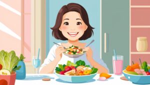 笑顔でサラダを食べる女性のイラスト。マンジャロ中止後のリバウンド防止をイメージした食事シーン