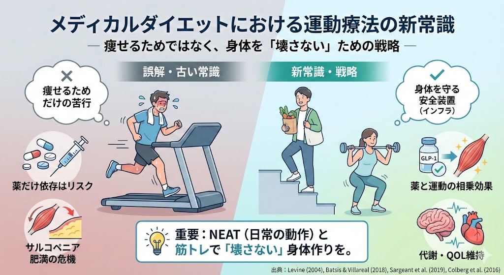 メディカルダイエットにおける運動療法の新常識。痩せるための運動ではなく、NEATや筋トレによって身体を壊さず代謝とQOLを維持する考え方を図解