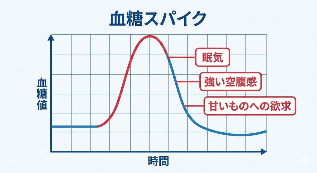 血糖スパイクにより血糖が急上昇した後に急降下し、眠気や強い空腹感、甘いものへの欲求が起こりやすくなる様子を示した概念図
