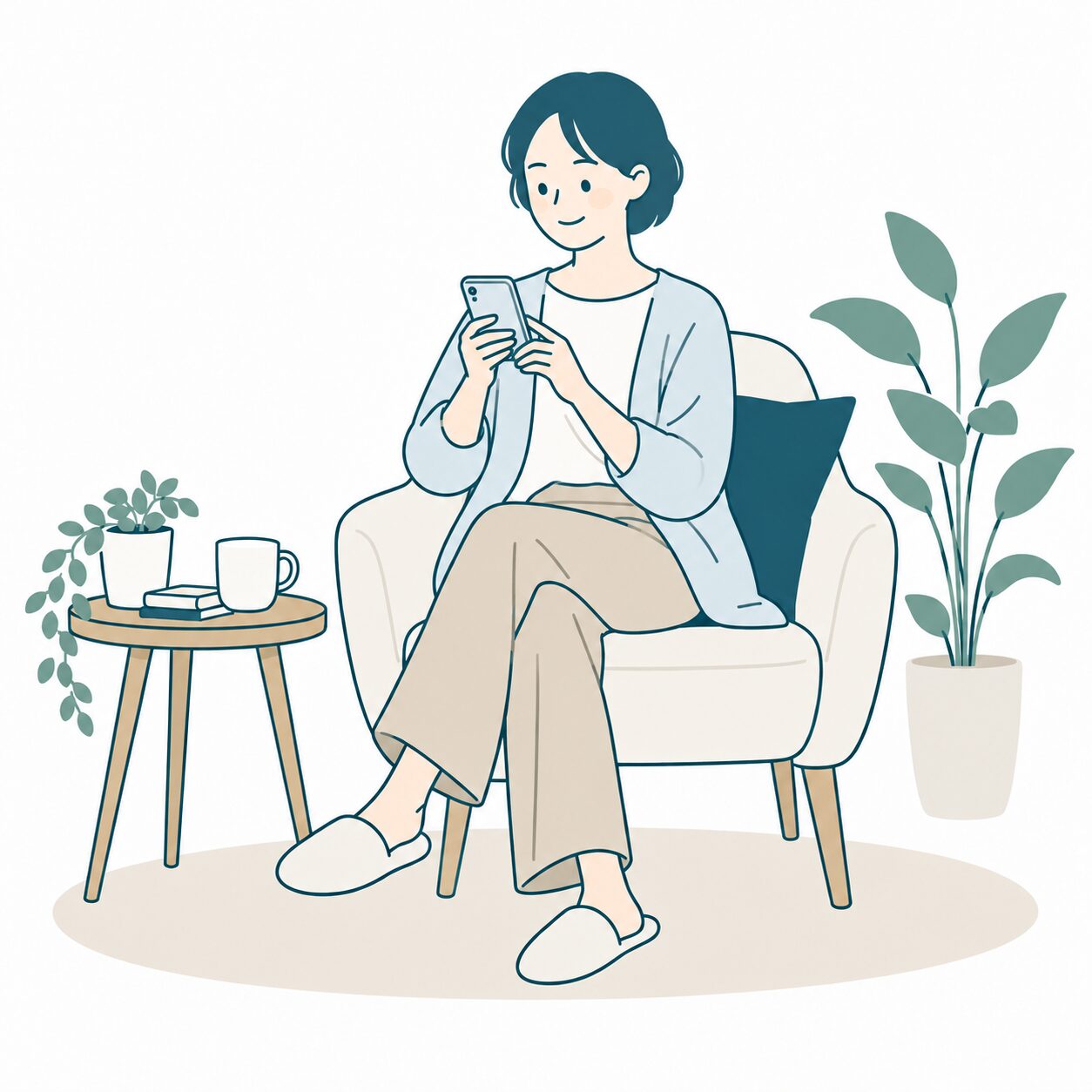 自宅でスマートフォンの画面を見ている人のイラスト